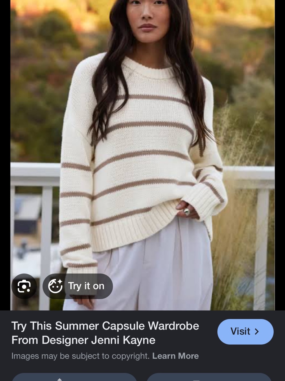 Jenni Kayne Cream and Tan Striped Crewneck Sweater